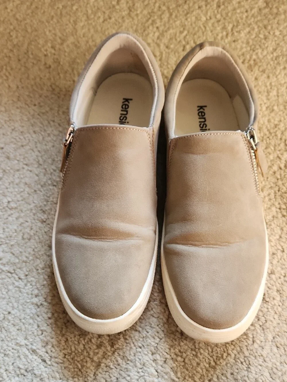 Kensie Beige Slip-On Sneakers with Gold Zipper